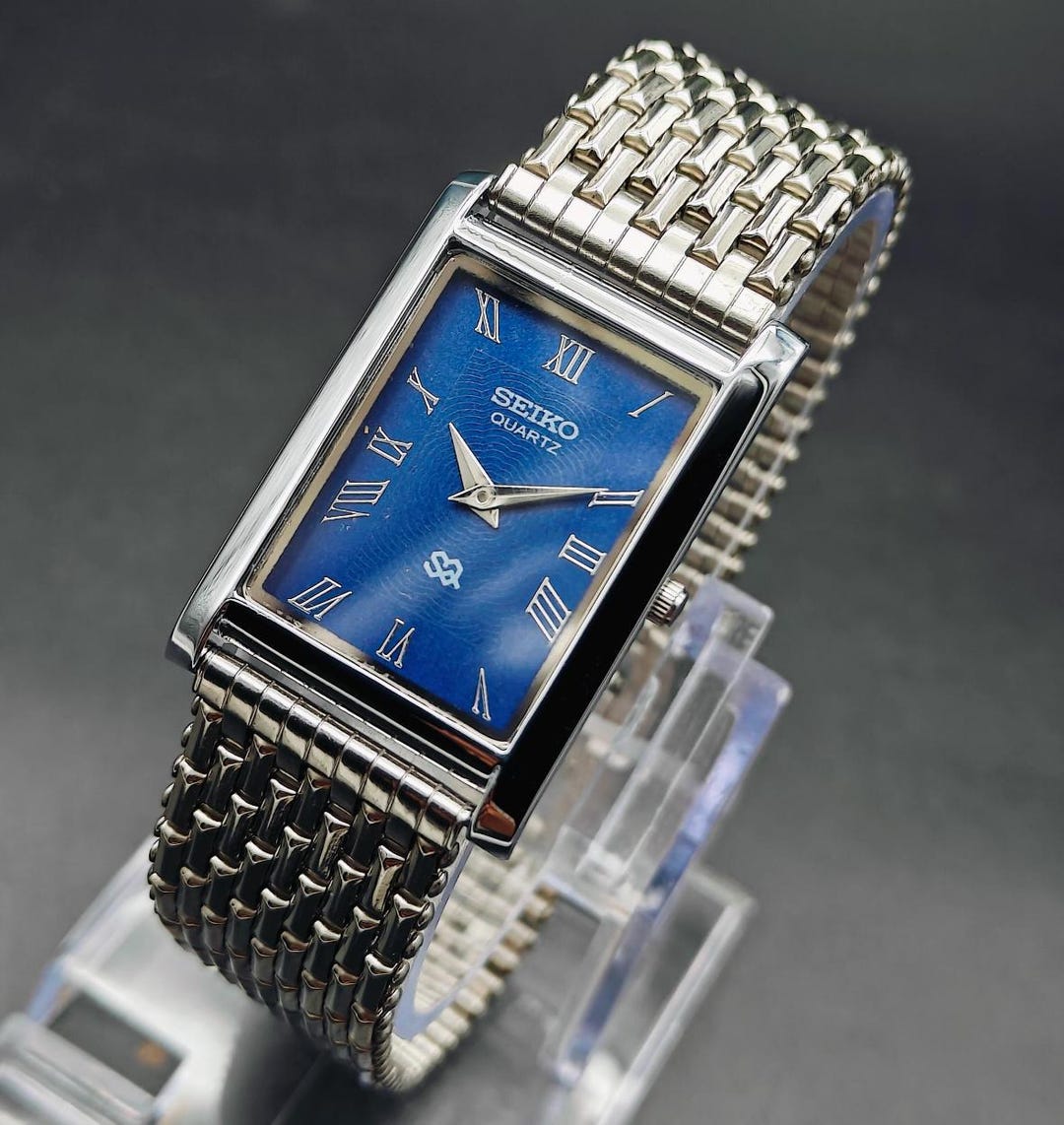 Seiko Slim Vintage Quartz Rectangular Wristwatch, Blue and Chain Strap ...