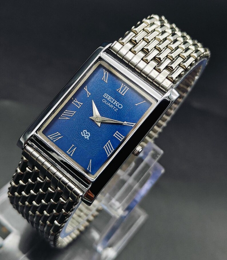 Seiko Slim Vintage Quartz Rectangular Wristwatch, Blue and Chain Strap ...