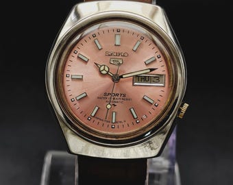 Vintage Seiko 5 Automatic Men's Wrist Watch Day Date Pink Dial