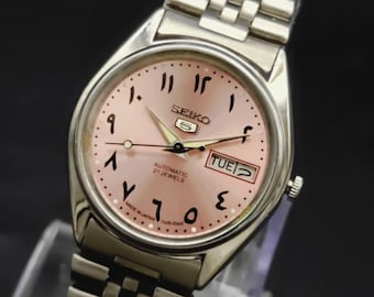 Vintage Seiko 5 Automatic Men's Wrist Watch Day Date Pink Dial