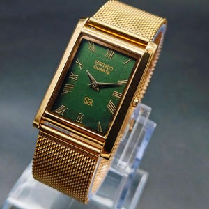Vintage Seiko Slim Quartz Rectangular Wristwatch, Green Dial Mesh Strap