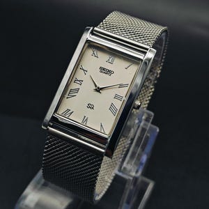 Seiko Slim Vintage Quartz Rectangular Wristwatch,White and Mesh Strap, Roman Dial Unisex