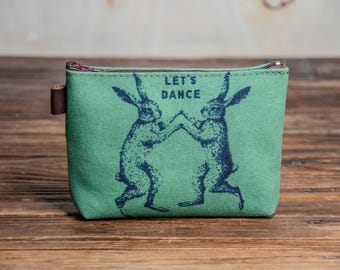 Let's Dance Rabbit Zipper Pouch, Canvas Makeup Bag, Small Travel Organizer, Asheville Studio Print