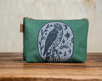 The Magic Hawk Zipper Pouch, Canvas Makeup Bag, Small Travel Organizer, Asheville Studio Print