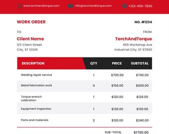 Professional Mechanic Work Order - Bearbeitbare Reparaturrechnung für Hersteller