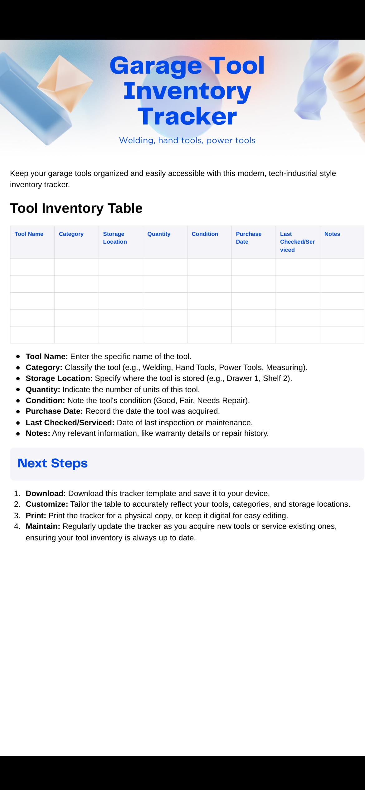 Garage Tool Inventory Tracker – Editable PDF for Welders, Fabricators ...