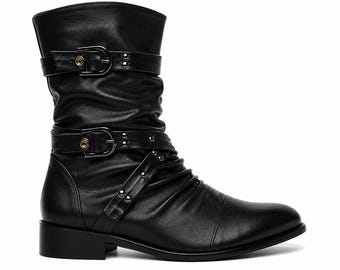 Men’s Black Biker Boots – Gothic Buckle Cosplay Shoes