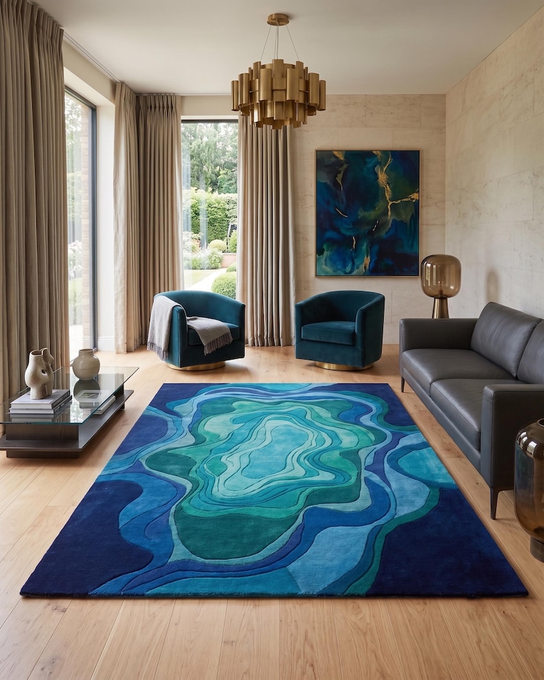 Topography Rug Pattern Hand-tufted New Zealand Wool Topographic Rug | Abstract Ocean Wave ...