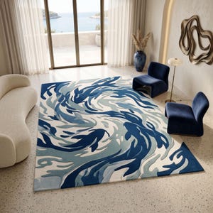 Tapete de lã neozelandesa tufado à mão, tapete abstrato com peixes do oceano, decoração costeira para casa.