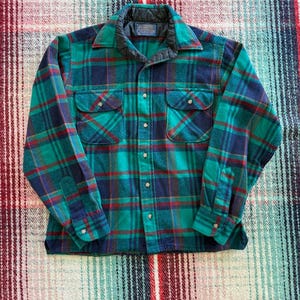 70s Pendleton Teal/Red/Blue Plaid Board Shirt M