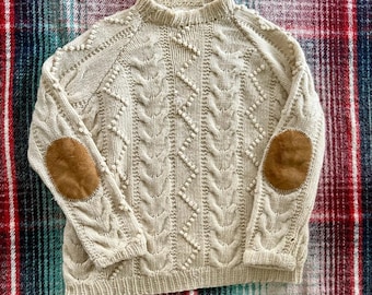 70s Hand Knit Cable Suede Elbow Patch Fisherman Sweater L