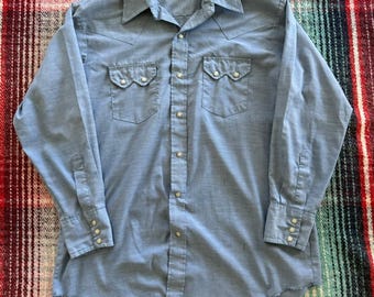 70s Washington Dee Cee Sawtooth Pearl Snap Chambray Shirt XL