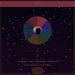 May include: A digital graphic with a dark purple background and white stars. A circular design in the center features a rainbow-colored circle within a larger circle divided into color-coded segments. Text at the bottom reads "Soul Blueprint Chakra Emotional Body 12-Month Tarot".
