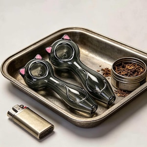 Puede incluir: Dos pipas de vidrio gris con forma de gato, con detalles de orejas rosas, descansan sobre una bandeja de metal. También hay un encendedor de metal y una pequeña lata de tabaco. Las pipas tienen un diseño curvo.