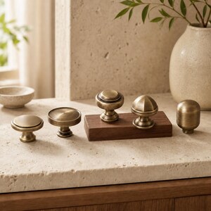 Antique Brass Cabinet Knobs, 5 Vintage Drawer Hardware Shapes, Round Cupboard Knob Options for Kitchen, Dresser and Furniture