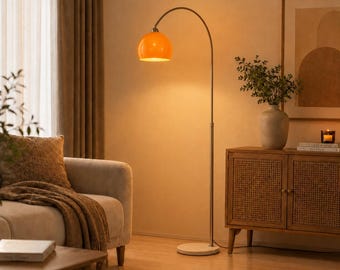 Vintage Orange Arc Floor Lamp, Mid Century Modern Marble Base Standing Light