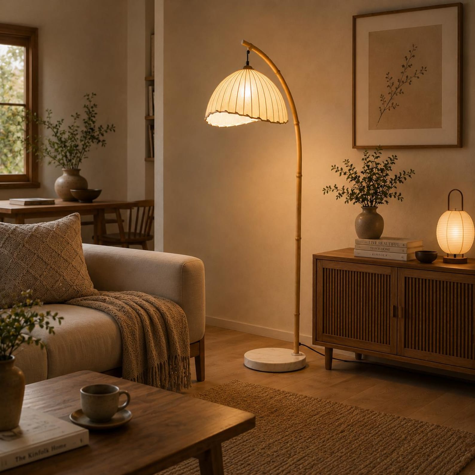 Japanese vintage arc floor lamp pleated shade Japandi wabi-sabi warm ambient light