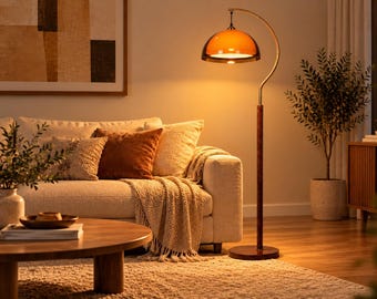 Mid-Century Unique Arc Floor Lamp, Vintage Amber Orange Dome Shade, Retro Living Room Lighting