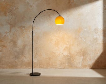 Vintage Orange Arc Floor Lamp,  Mid Century Modern Globe Standing Lamp