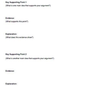 May include: A white page titled "3. Breaking Your Argument Down" with guidance on structuring an argument. It features sections for key supporting points, evidence, and explanations. The page number is 4.