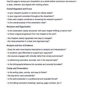 Pu&ograve; includere: Una pagina bianca con il titolo "16. Final Self-Assessment" e liste puntate per l'autovalutazione della tesi. Gli argomenti includono argomentazione, struttura, prove e chiarezza. Testo nero.