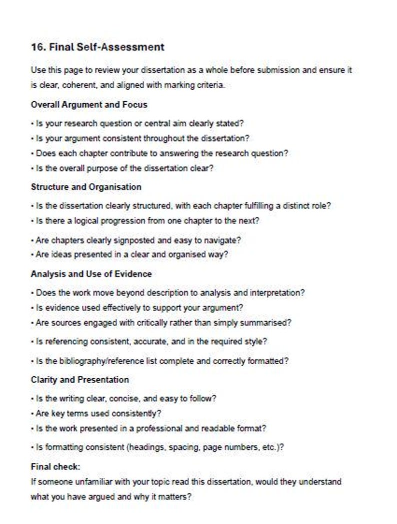 Pu&ograve; includere: Una pagina bianca con il titolo "16. Final Self-Assessment" e liste puntate per l'autovalutazione della tesi. Gli argomenti includono argomentazione, struttura, prove e chiarezza. Testo nero.