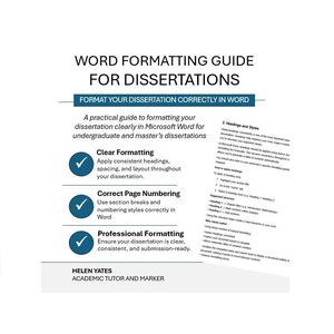 Puede incluir: Una guía blanca titulada "WORD FORMATTING GUIDE FOR DISSERTATIONS" con detalles en azul. La guía proporciona instrucciones para formatear disertaciones en Microsoft Word, incluyendo formato claro, numeración correcta de páginas.