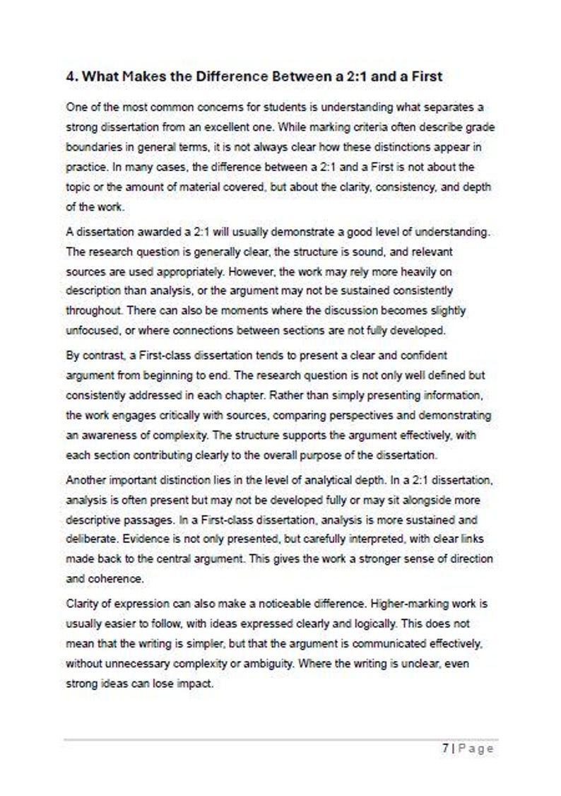 K&ouml;nnte beinhalten: Eine wei&szlig;e Seite mit schwarzem Text, der die Unterschiede zwischen einem 2:1 und einem First in Dissertationen erl&auml;utert. Der Text enth&auml;lt &Uuml;berschriften und Aufz&auml;hlungspunkte. Unten rechts steht "7| Page".