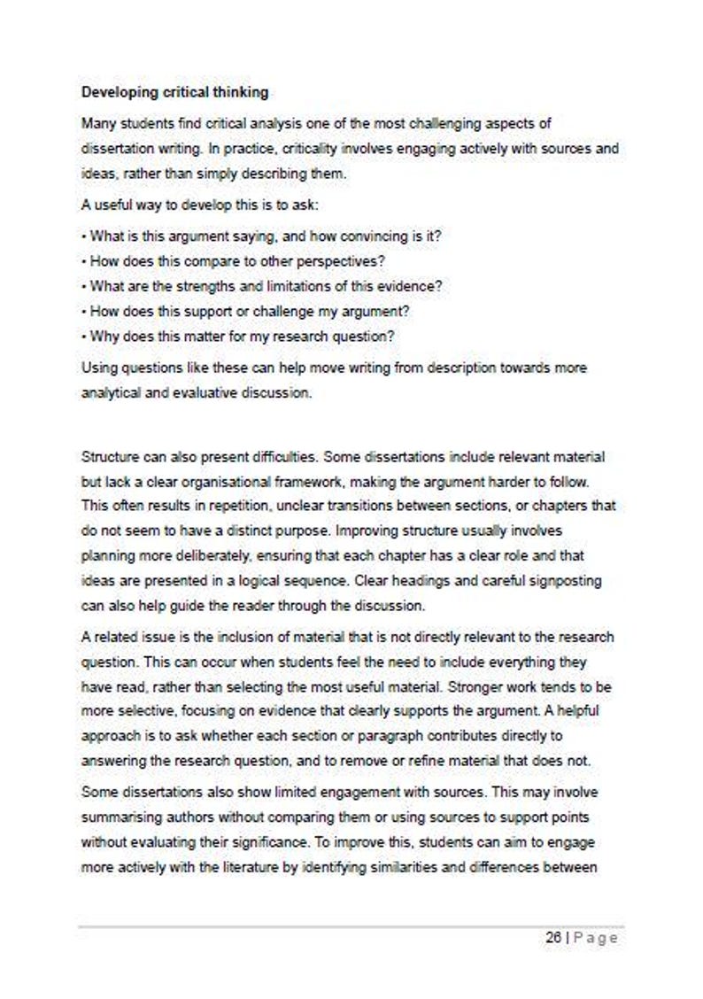 K&ouml;nnte beinhalten: Eine Dokumentseite mit dem Titel "Entwicklung kritischen Denkens". Der Text behandelt das Verfassen von Dissertationen, kritische Analysen und wie man Struktur und den Umgang mit Quellen verbessert. Die Seitenzahl ist 26.