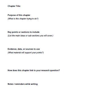 Pu&ograve; includere: Una pagina bianca con il titolo "5. Chapter Planning" e suggerimenti per la pianificazione dei capitoli della tesi. Le sezioni includono "Chapter Title", "Purpose of this chapter" e "Key points or sections to include."
