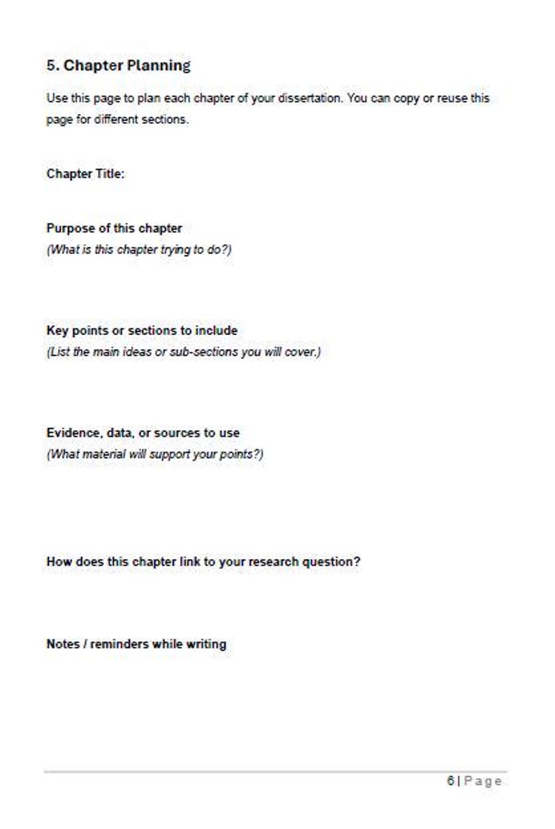 Pu&ograve; includere: Una pagina bianca con il titolo "5. Chapter Planning" e suggerimenti per la pianificazione dei capitoli della tesi. Le sezioni includono "Chapter Title", "Purpose of this chapter" e "Key points or sections to include."