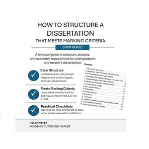 Peut inclure: Couverture de livre blanche avec le titre "HOW TO STRUCTURE A DISSERTATION THAT MEETS MARKING CRITERIA". Le livre est un guide STEM pour les mémoires de premier et deuxième cycles. Il comprend une table des matières et des puces sur la structure claire, les critères de notation et les listes de contrôle pratiques.