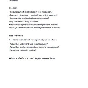 May include: A white page titled '7. Final Argument Check' with a checklist for dissertation writing. The checklist includes questions about argument clarity, evidence, and conclusion. The page also includes a final reflection section.