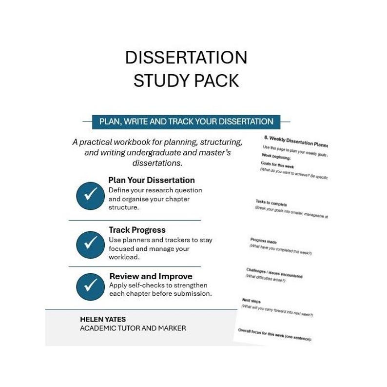 Pu&ograve; includere: Un pacchetto di studio bianco e blu intitolato "DISSERTATION STUDY PACK" con il testo "PLAN, WRITE AND TRACK YOUR DISSERTATION". Il pacchetto include sezioni per la pianificazione, il monitoraggio dei progressi e la revisione.