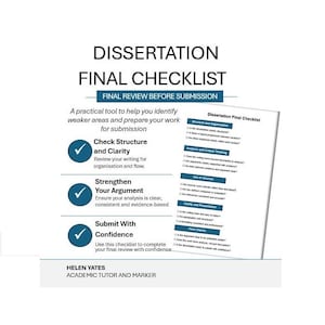 Puede incluir: Una lista de verificaci&oacute;n blanca titulada "Dissertation Final Checklist" con detalles en azul. La lista de verificaci&oacute;n incluye secciones sobre estructura, argumento y confianza, con marcas de verificaci&oacute;n. El texto dice "Final Review Before Submission."