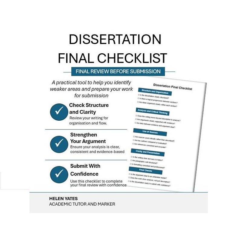 Puede incluir: Una lista de verificaci&oacute;n blanca titulada "Dissertation Final Checklist" con detalles en azul. La lista de verificaci&oacute;n incluye secciones sobre estructura, argumento y confianza, con marcas de verificaci&oacute;n. El texto dice "Final Review Before Submission."