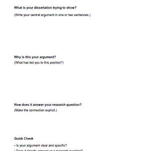 May include: A white page with text detailing the structure of a central argument for a dissertation. The text includes questions about the argument, its purpose, and how it answers a research question. The page is labeled "3 | Page".