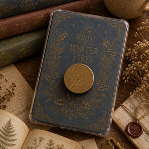 May include: A blue book titled The Ghost of Winter Fires with gold floral detailing and a circular gold embossed accessory attached to the cover. The book is encased in a clear protective sleeve and features intricate gold botanical illustrations.