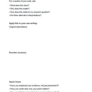 May include: A white page with the heading "4. Developing Analysis" and prompts to aid in writing analysis. The text includes questions such as "What does this show?" and "Why does this matter?" for a section of work. There are sections for "Original (description):" and "Rewritten (analysis):".