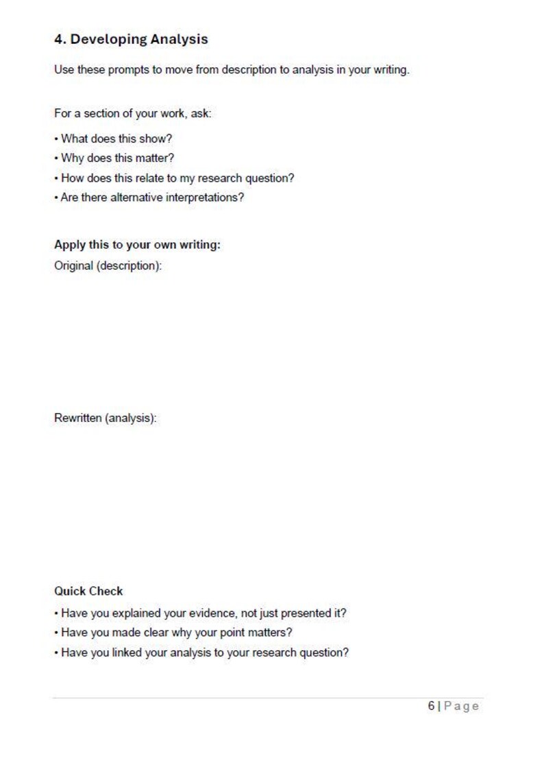 May include: A white page with the heading "4. Developing Analysis" and prompts to aid in writing analysis. The text includes questions such as "What does this show?" and "Why does this matter?" for a section of work. There are sections for "Original (description):" and "Rewritten (analysis):".