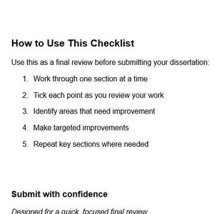 Puede incluir: Una lista de verificaci&oacute;n blanca titulada "C&oacute;mo usar esta lista de verificaci&oacute;n" con instrucciones para la revisi&oacute;n de la disertaci&oacute;n. La lista de verificaci&oacute;n incluye pasos como trabajar en secciones, identificar &aacute;reas de mejora y realizar cambios espec&iacute;ficos.