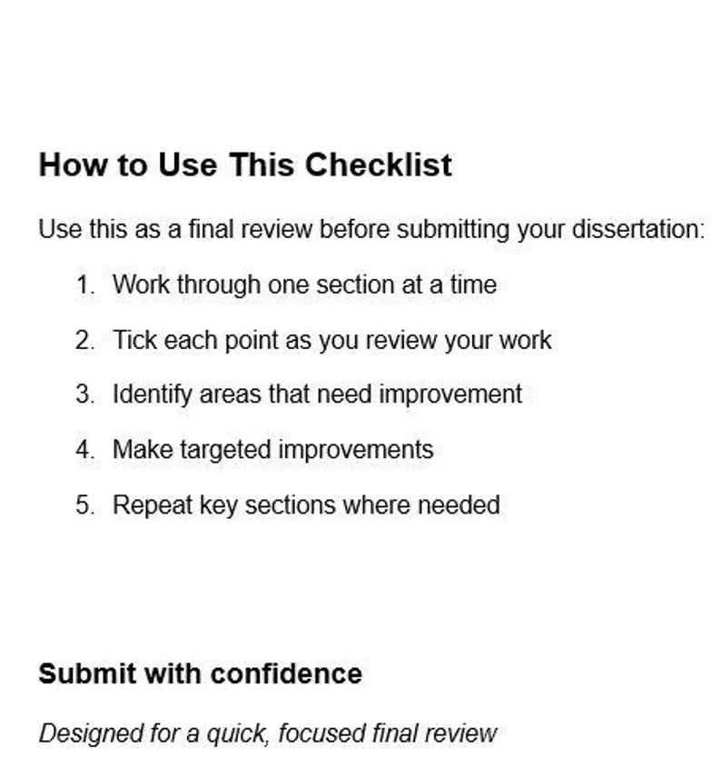 Puede incluir: Una lista de verificaci&oacute;n blanca titulada "C&oacute;mo usar esta lista de verificaci&oacute;n" con instrucciones para la revisi&oacute;n de la disertaci&oacute;n. La lista de verificaci&oacute;n incluye pasos como trabajar en secciones, identificar &aacute;reas de mejora y realizar cambios espec&iacute;ficos.