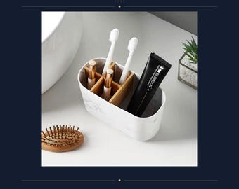 Porta spazzolini in bambù con divisorio rimovibile, organizer da appoggio per il bagno per dentifricio e spazzolini, marmo bianco o nero