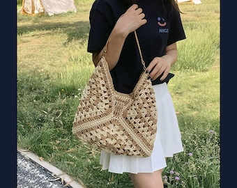 Borsa a tracolla in paglia all'uncinetto da donna, borsa estiva intrecciata con tracolla in pelle, borsa da spiaggia boho, regalo di viaggio foderato per lei