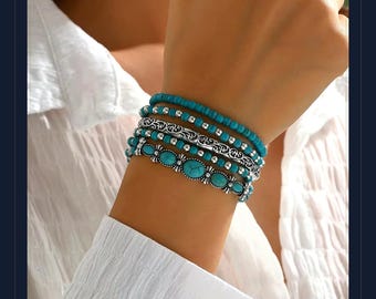 Conjunto de 5 pulseras bohemias turquesas, pulseras elásticas de plata antigua, pulseras superpuestas para la muñeca, regalo de joyería bohemia