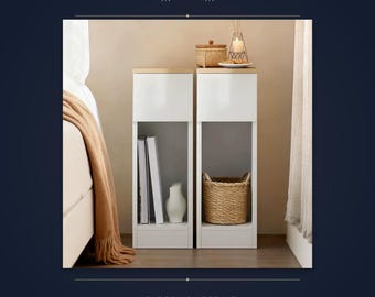Set di 2 comodini stretti con cassetto e ripiano, comodino sottile largo 20 cm, soluzione salvaspazio per la camera da letto, tavolino moderno con piano in rovere.