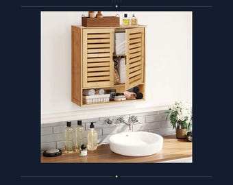 Bamboo Bathroom Wall Cabinet with Louvre Doors, Wall Mounted Storage Cupboard with Adjustable Shelf and Open Display, White or Natural