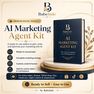 Pode incluir: Um kit de marketing digital intitulado "AI Marketing Agent Kit" da BabelIndo. O kit inclui um livro azul marinho com letras douradas e um fundo dourado e branco. O kit é projetado para vendedores online, freelancers e criadores digitais.