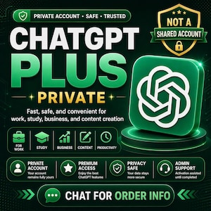 Puede incluir: Gráfico promocional de ChatGPT Plus, enfatizando la privacidad y la seguridad. El texto incluye "Cuenta Privada", "Seguro" y "Confiable". Los iconos representan trabajo, estudio, negocios y creación de contenido. Acceso premium y soporte de administrador.