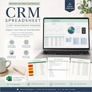 May include: A CRM spreadsheet digital product for small businesses featuring a laptop displaying a dashboard with charts and tables, alongside printed sheets for sales call tracking, checklists, and contact lists, plus a pen and mug.